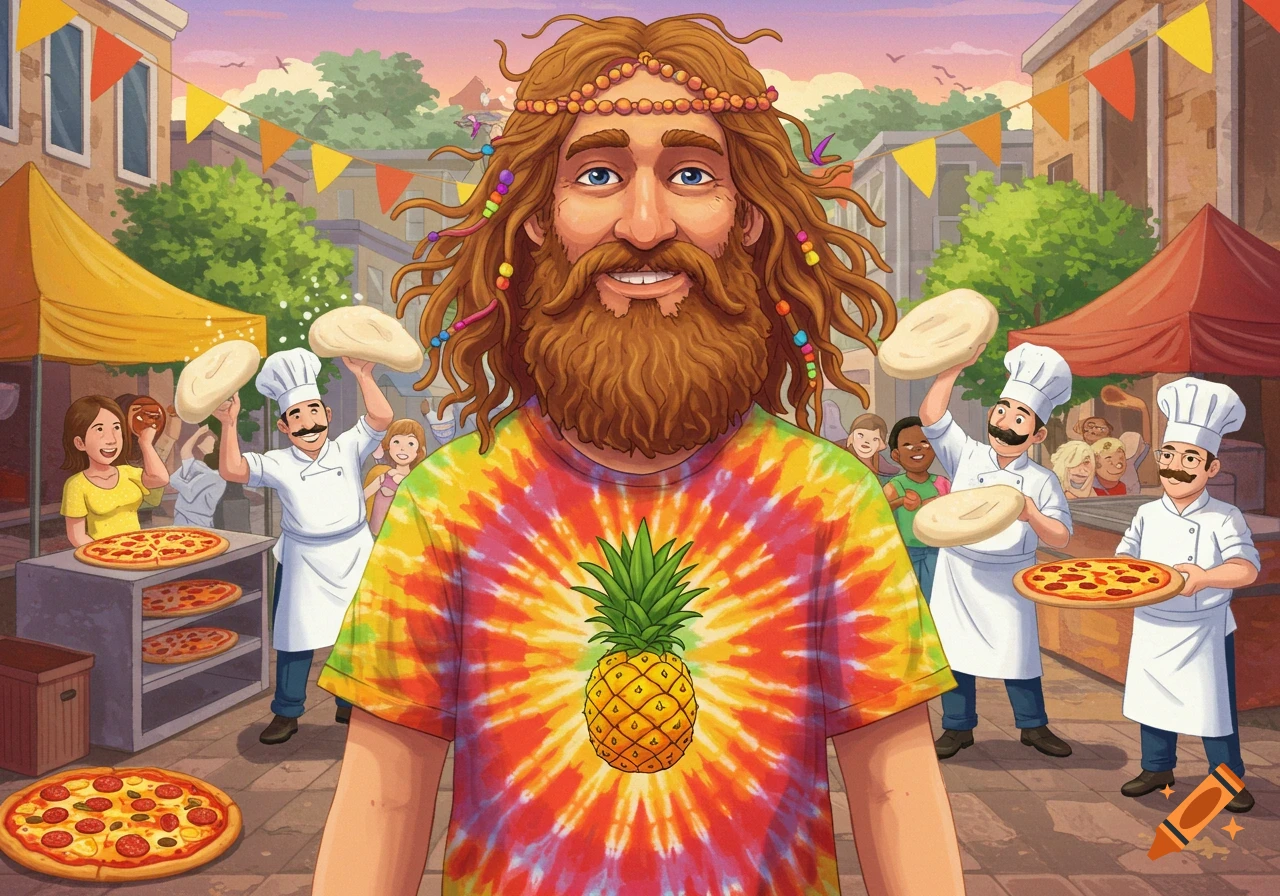 A bearded man in a tie-dye pineapple shirt at a pizza festival, surrounded by chefs tossing dough and pizzas.