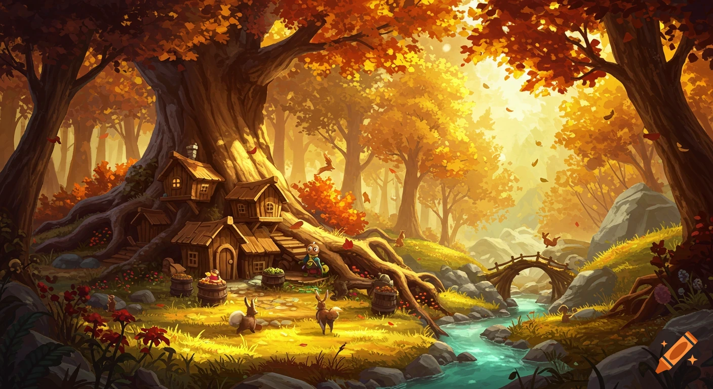 A vibrant, whimsical autumn forest scene with cozy tree-houses, a flowing river, a wooden bridge, and deer-like animals in a storybook art style.