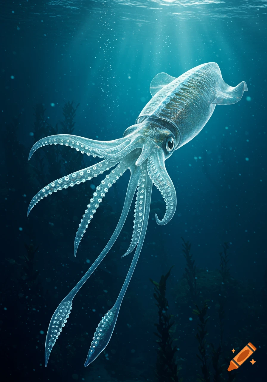 A detailed, translucent squid with long tentacles and suckers swims in deep blue ocean water, with light rays filtering from above.