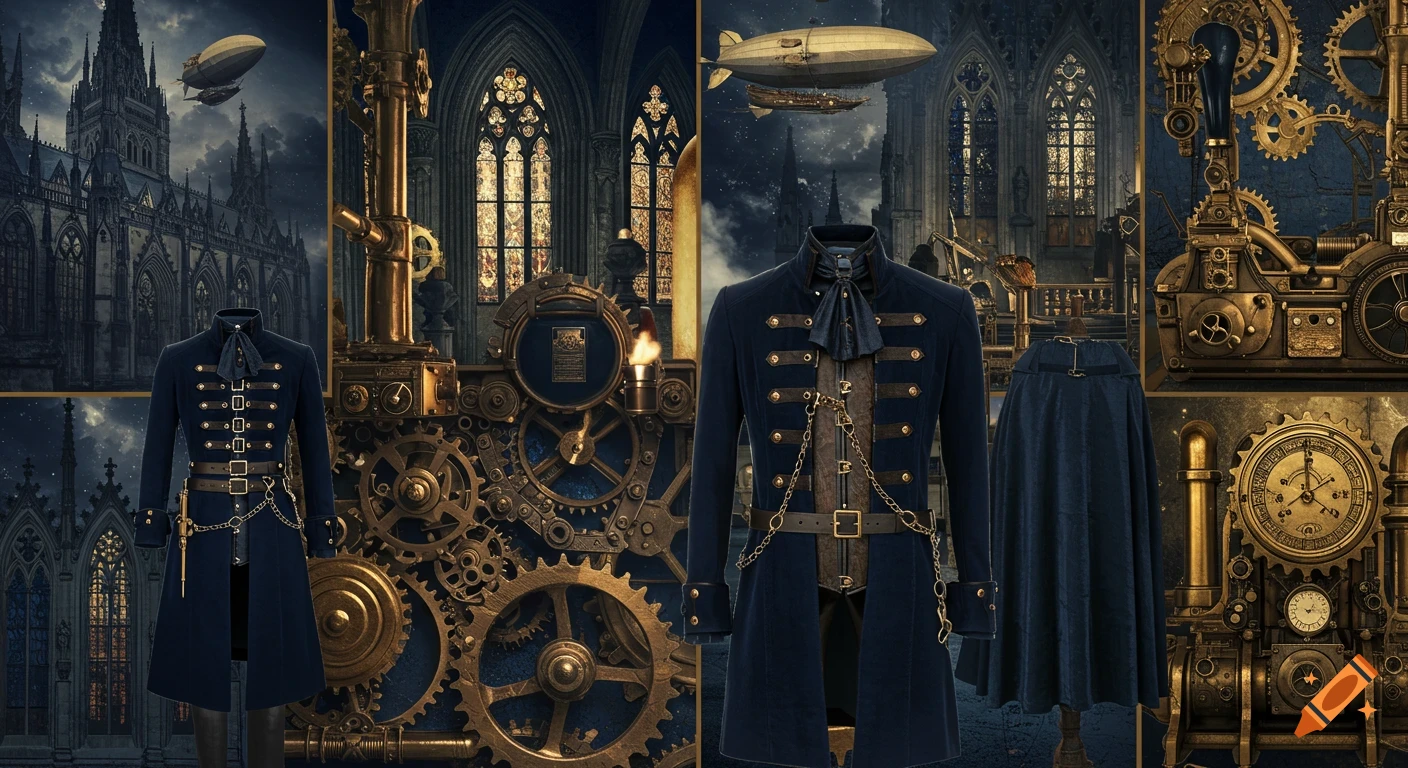 A mood board for a gothic steampunk brand, featuring a navy blue coat with gold accents, mechanical gears, gothic architecture, and zeppelins.