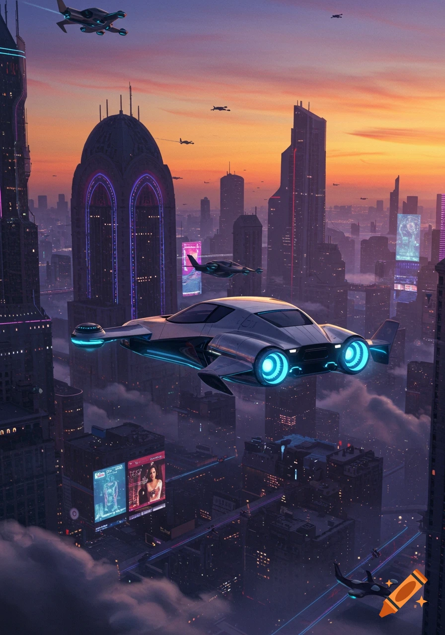 A futuristic city at sunset with a sleek silver flying car hovering above neon-lit skyscrapers and clouds.