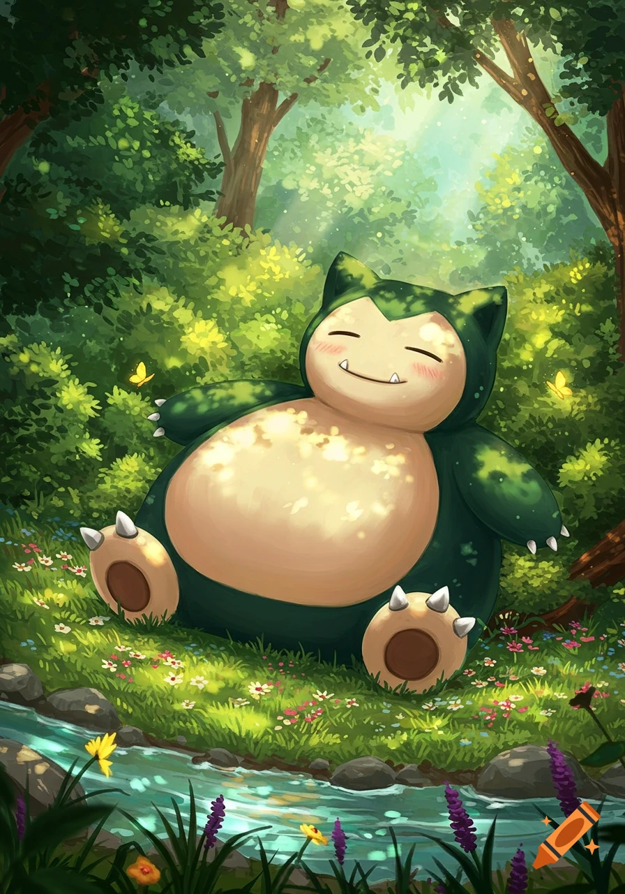 A large, sleepy Snorlax rests peacefully in a lush, sun-dappled forest clearing next to a small stream, with butterflies and wildflowers.