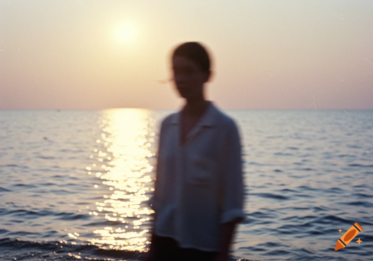 A blurry figure stands in the ocean at sunset, evoking a nostalgic 2000s photo aesthetic.
