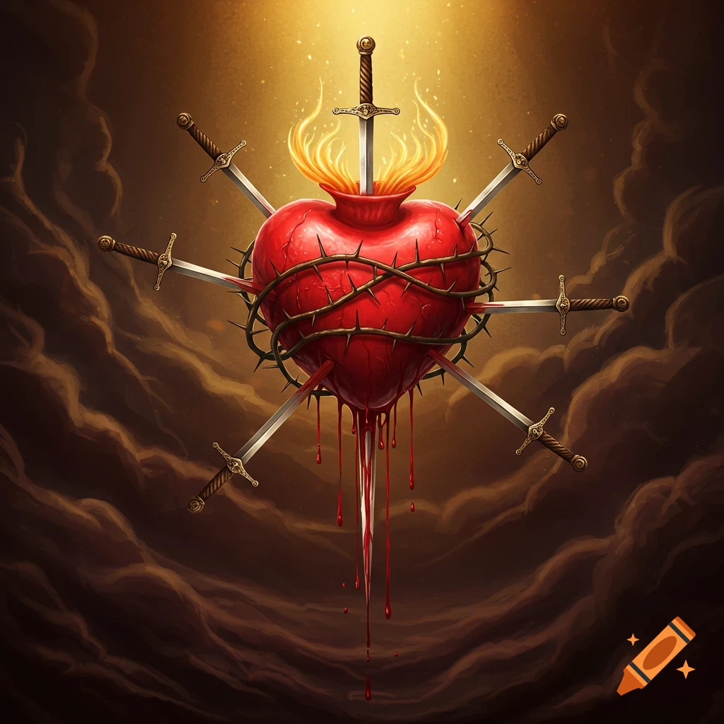 A stylized sacred heart wrapped in thorny vines, pierced by swords, bleeding, with flames on top, set against a dramatic sky.