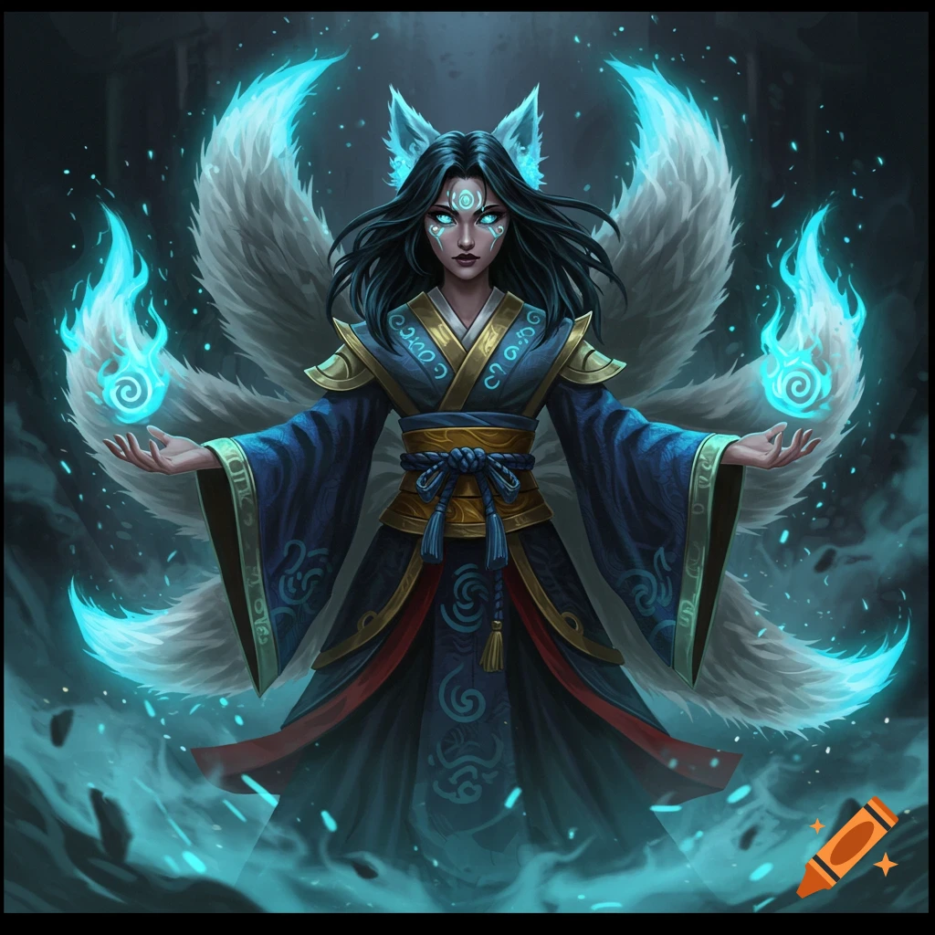 Divine kitsune goddess with black hair, glowing blue eyes and foxfire, wearing a blue and gold ceremonial kimono, surrounded by mystical mist.