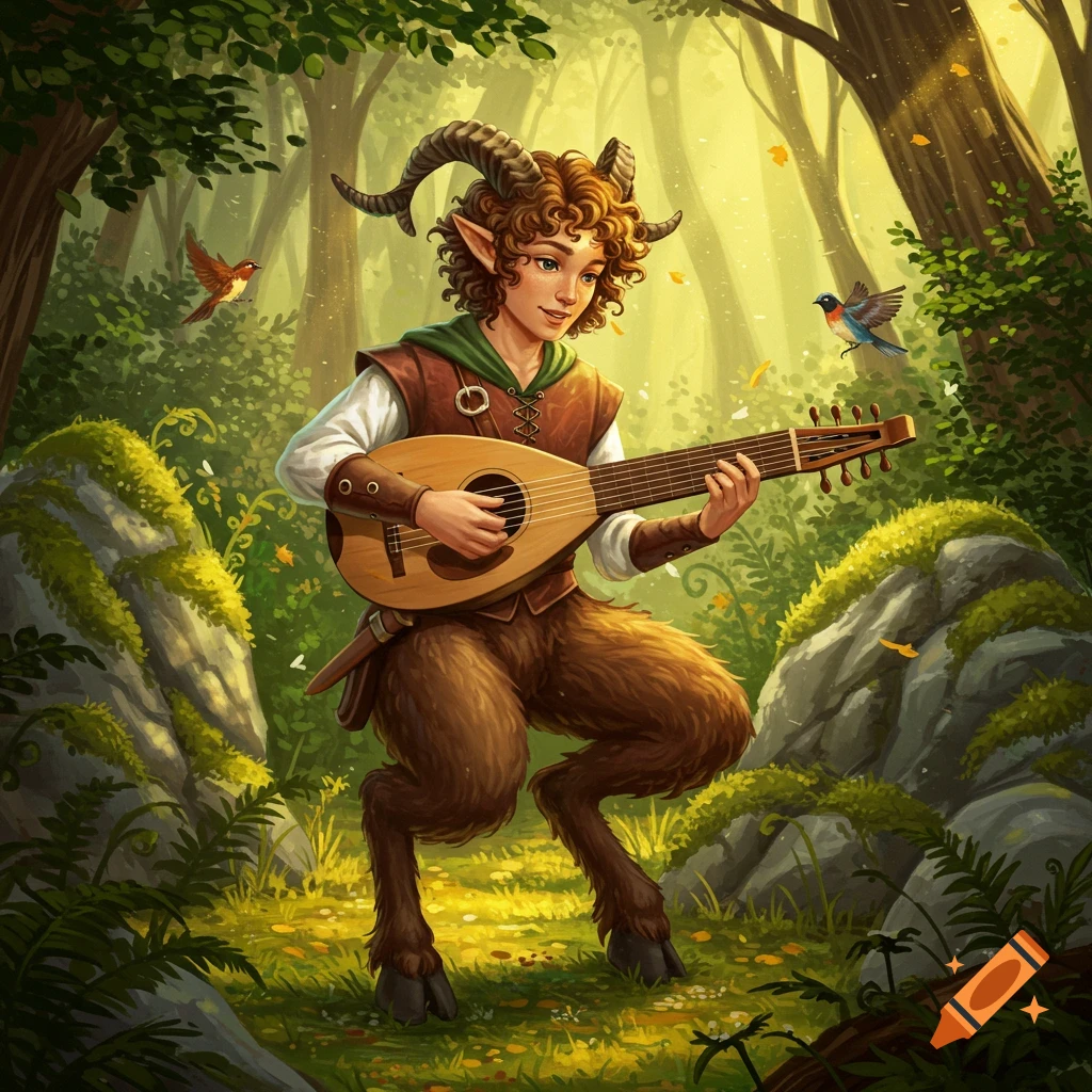 A detailed illustration of a satyr bard playing a lute in a sunlit forest clearing, with two small birds flying nearby.