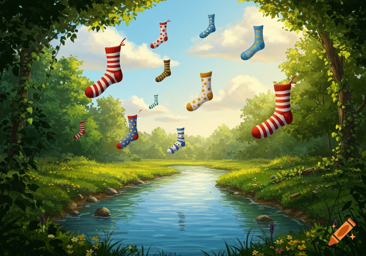 Whimsical illustration of numerous colorful, patterned socks flying over a serene river surrounded by lush green trees and fields.