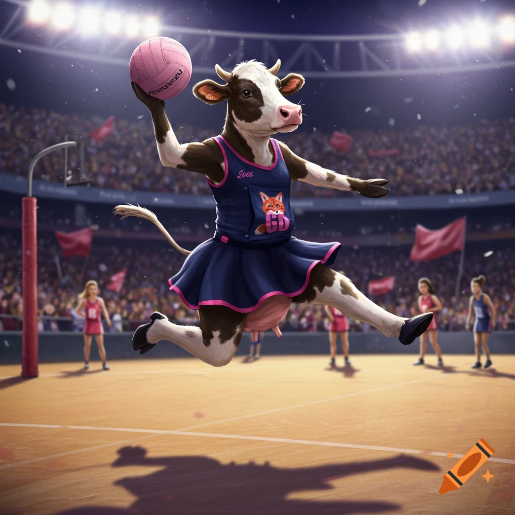 A cartoon cow in a blue and pink netball uniform jumps in a stadium, holding a pink netball.