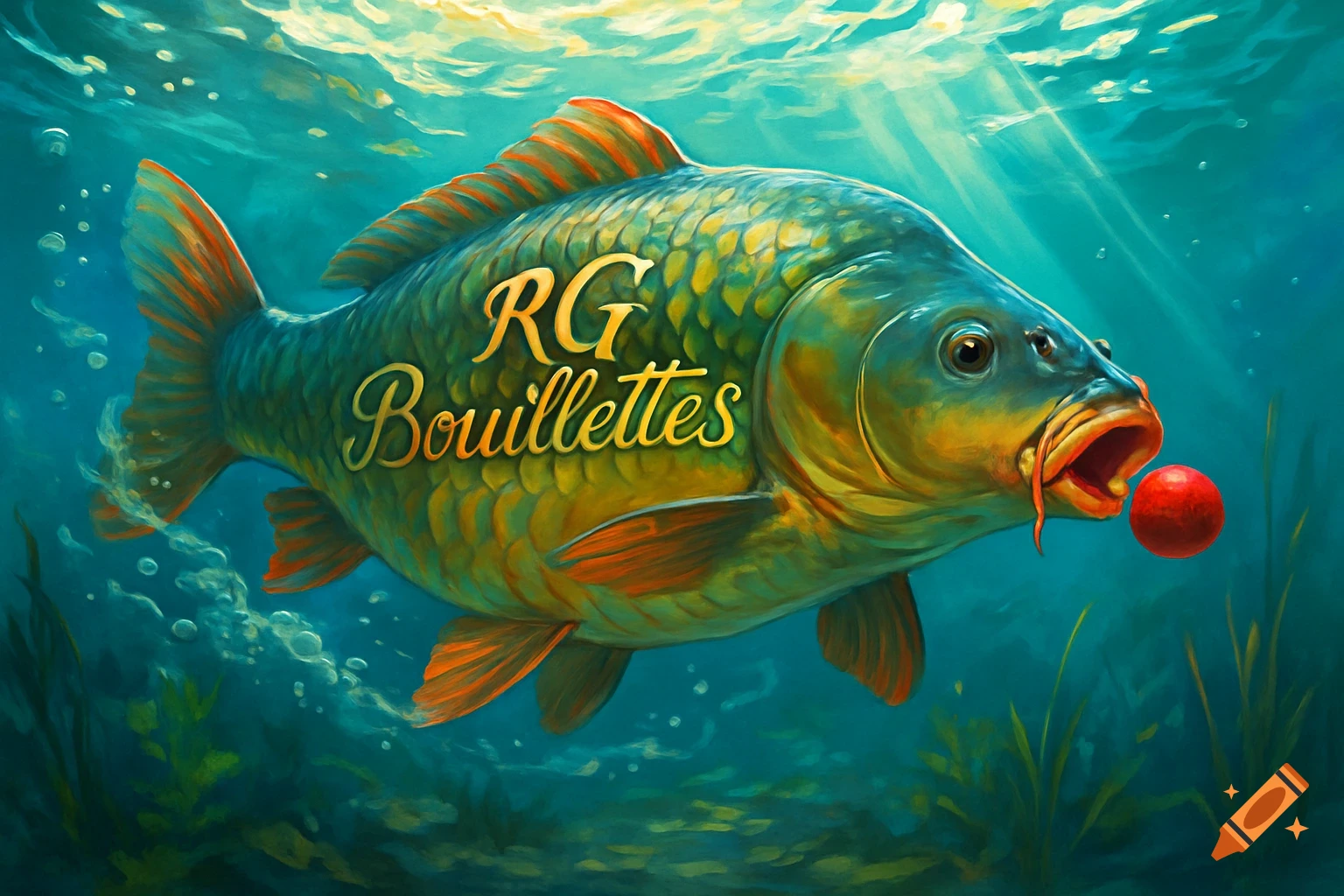 Detailed illustration of a carp underwater with 'RG Bouillettes' on its side, about to bite a red bait.