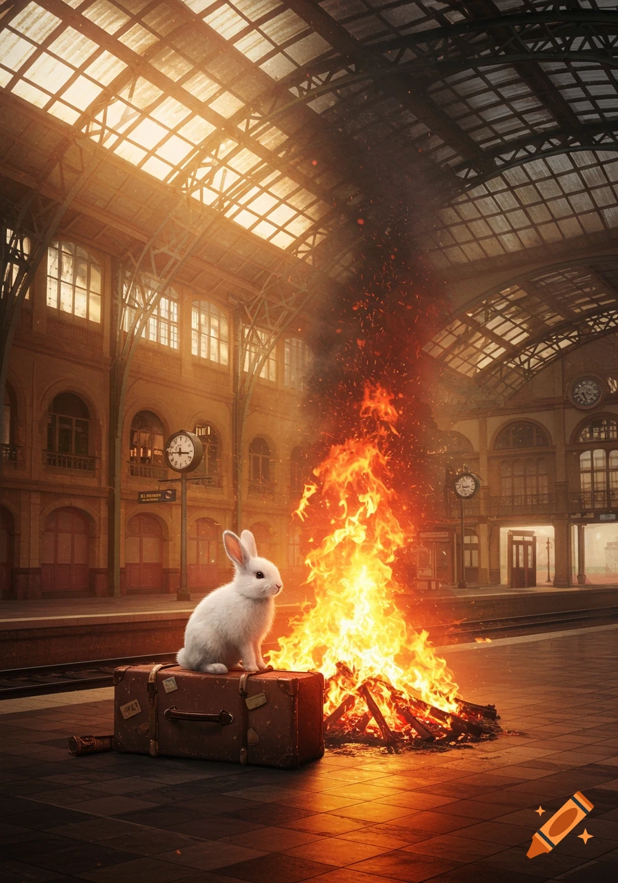 A photorealistic white bunny sits on a brown suitcase next to a large bonfire on a platform in an old European train station.