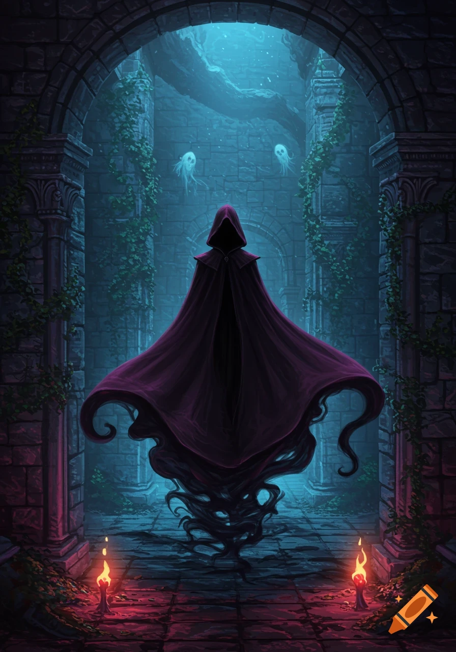 A hooded figure in a flowing dark cloak stands in a haunted stone labyrinth with glowing ghosts and candles, in fantasy art style.