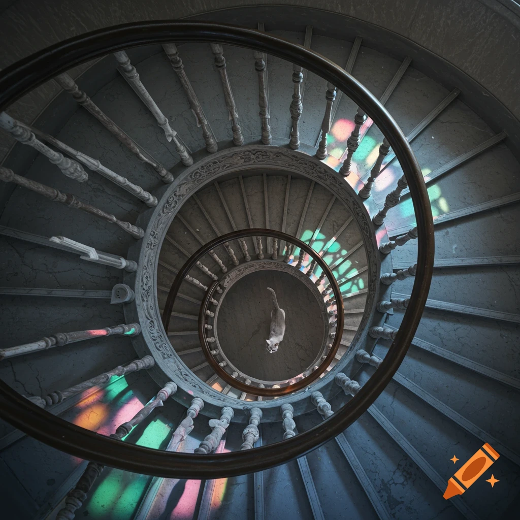 Overhead view of a white cat on a spiral stone staircase, with colorful light patterns from stained glass.