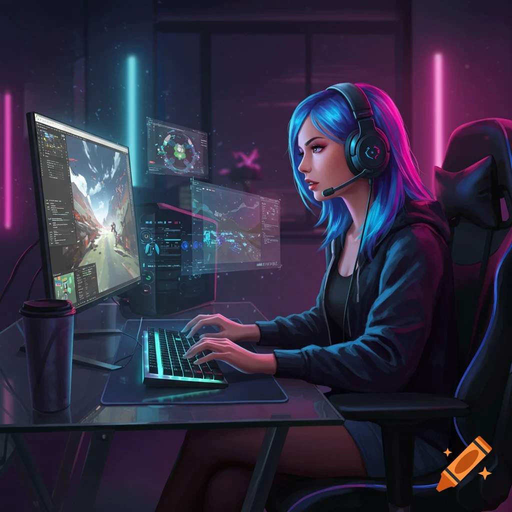 A stylized digital artwork of a blue-haired girl wearing headphones, typing on a keyboard at a computer desk, surrounded by neon lights.