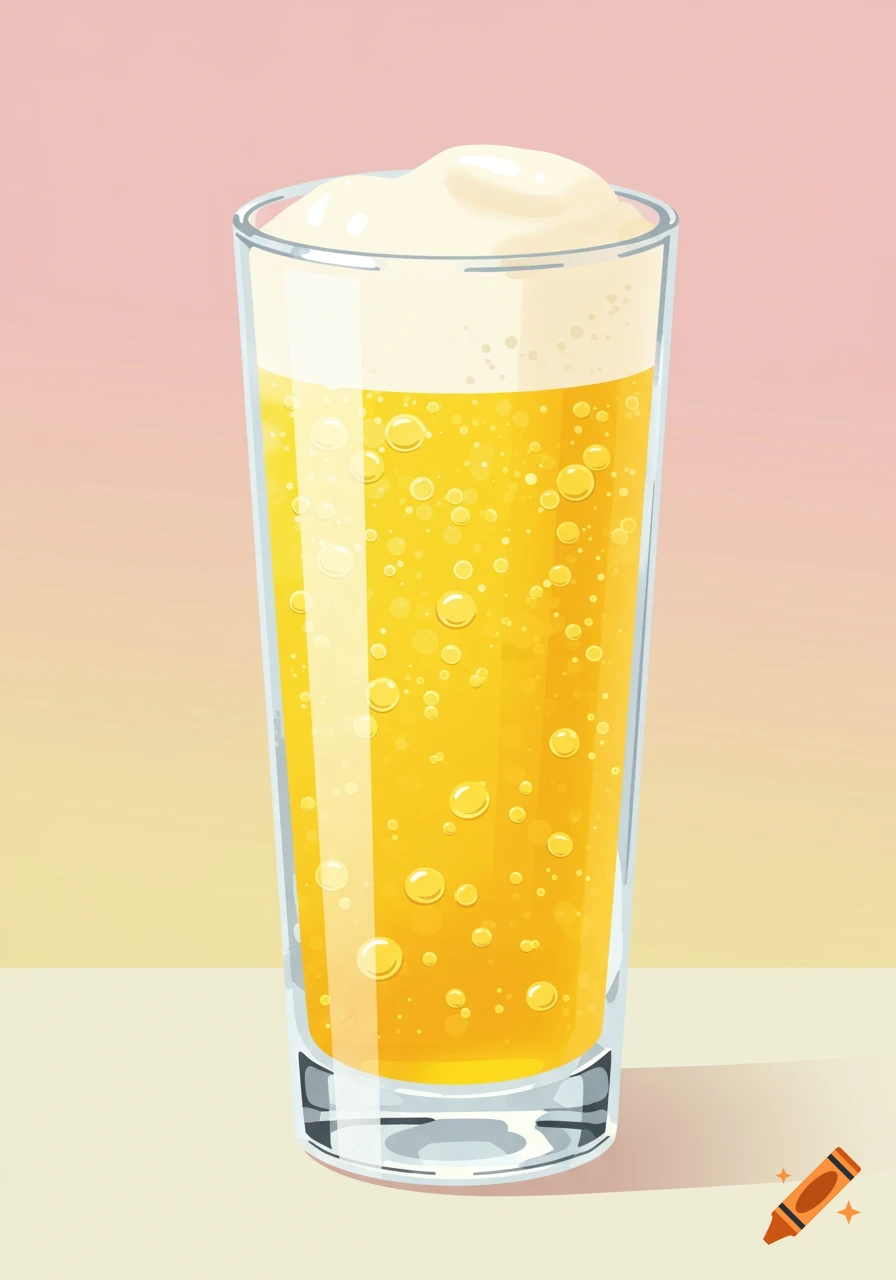 A tall glass with a sparkling yellow drink and white foam, in a stylized illustration on a pink and yellow background.