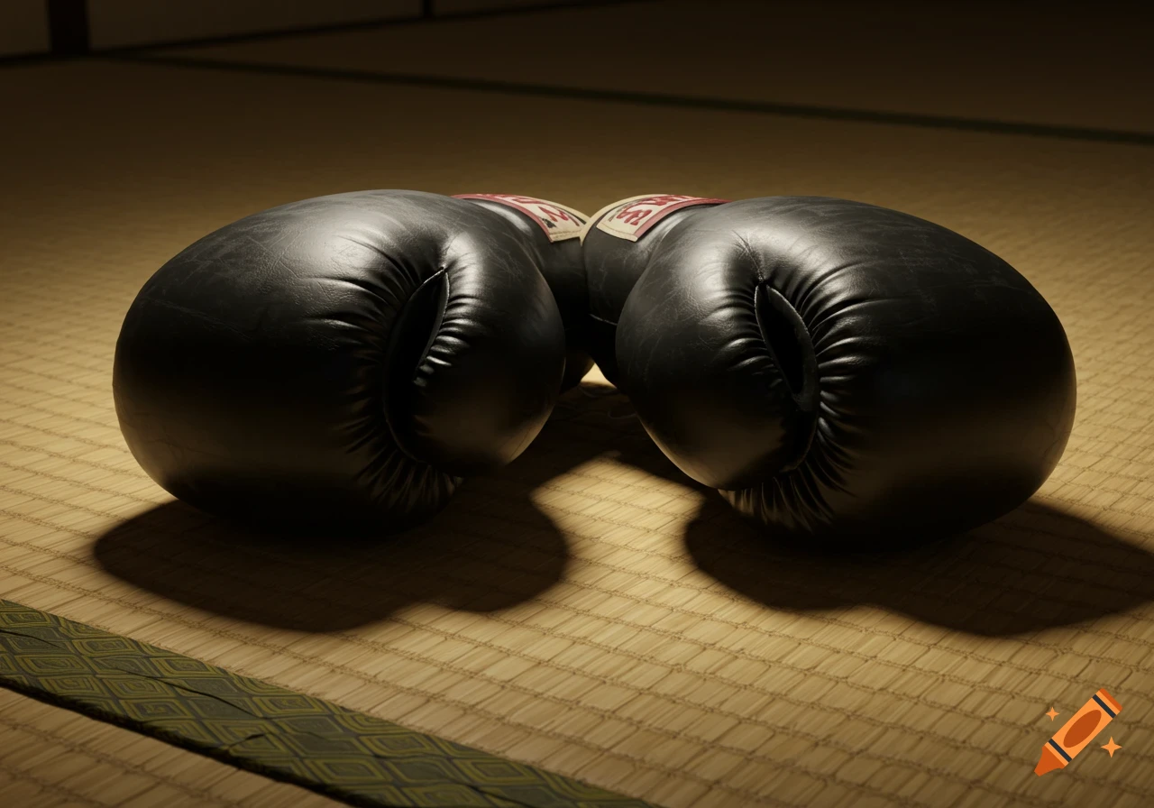 Two black boxing gloves with red and white labels rest on a woven tatami mat, lit from above.