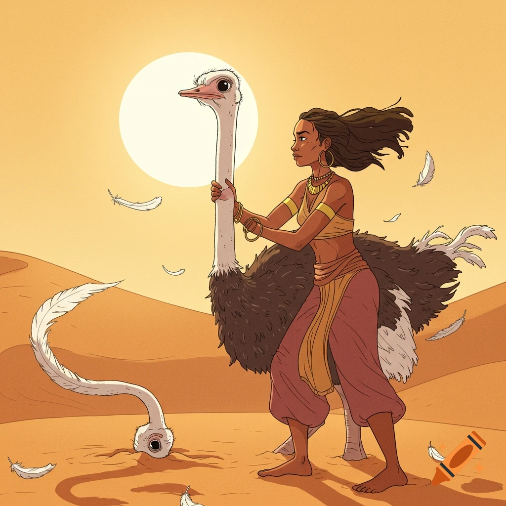 Illustration of a determined woman in a desert pulling an ostrich's head out of the sand towards the setting sun, feathers flying.