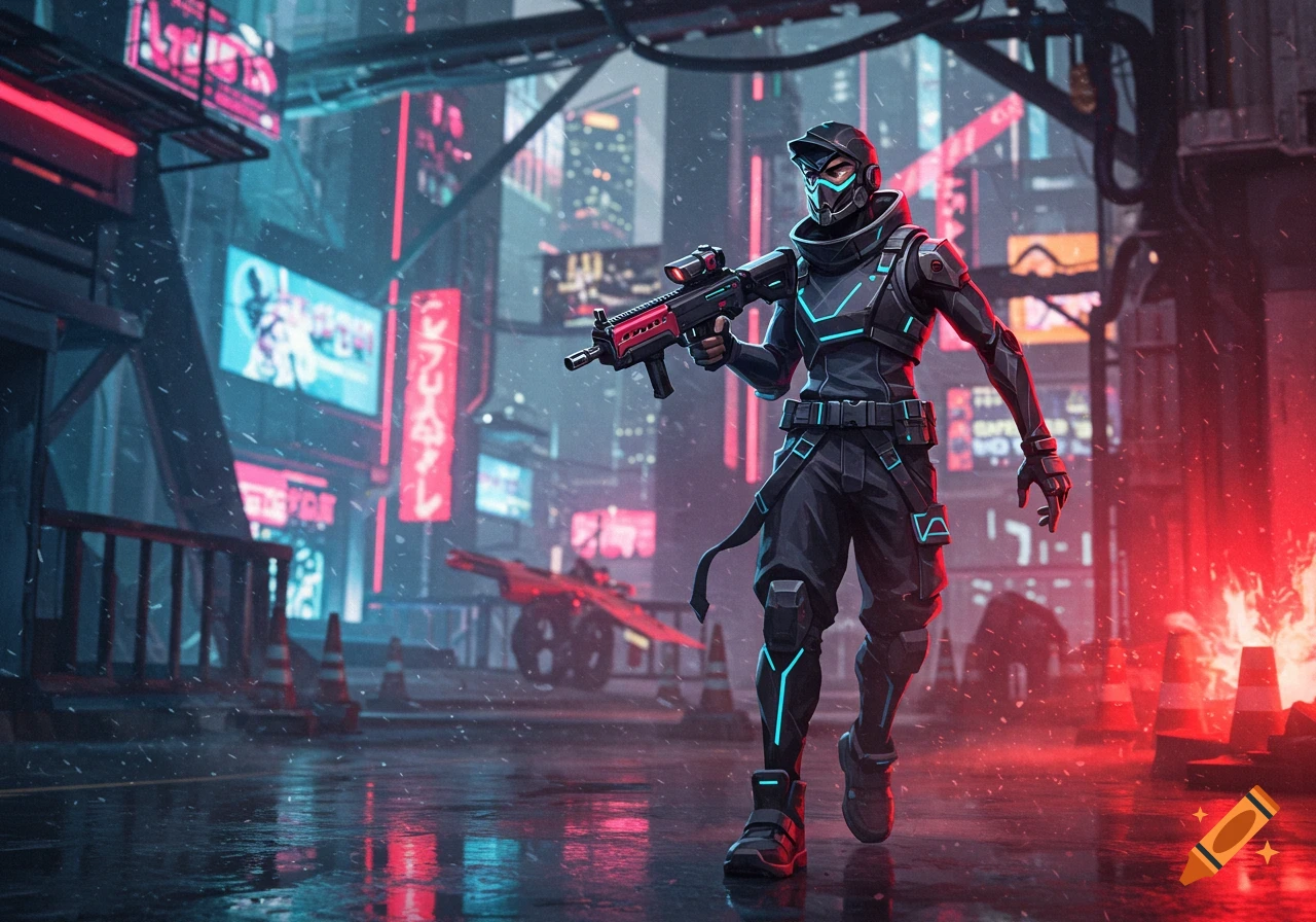 A futuristic soldier in black armor with glowing blue accents holds an assault rifle in a neon-lit, rainy cyberpunk city street.