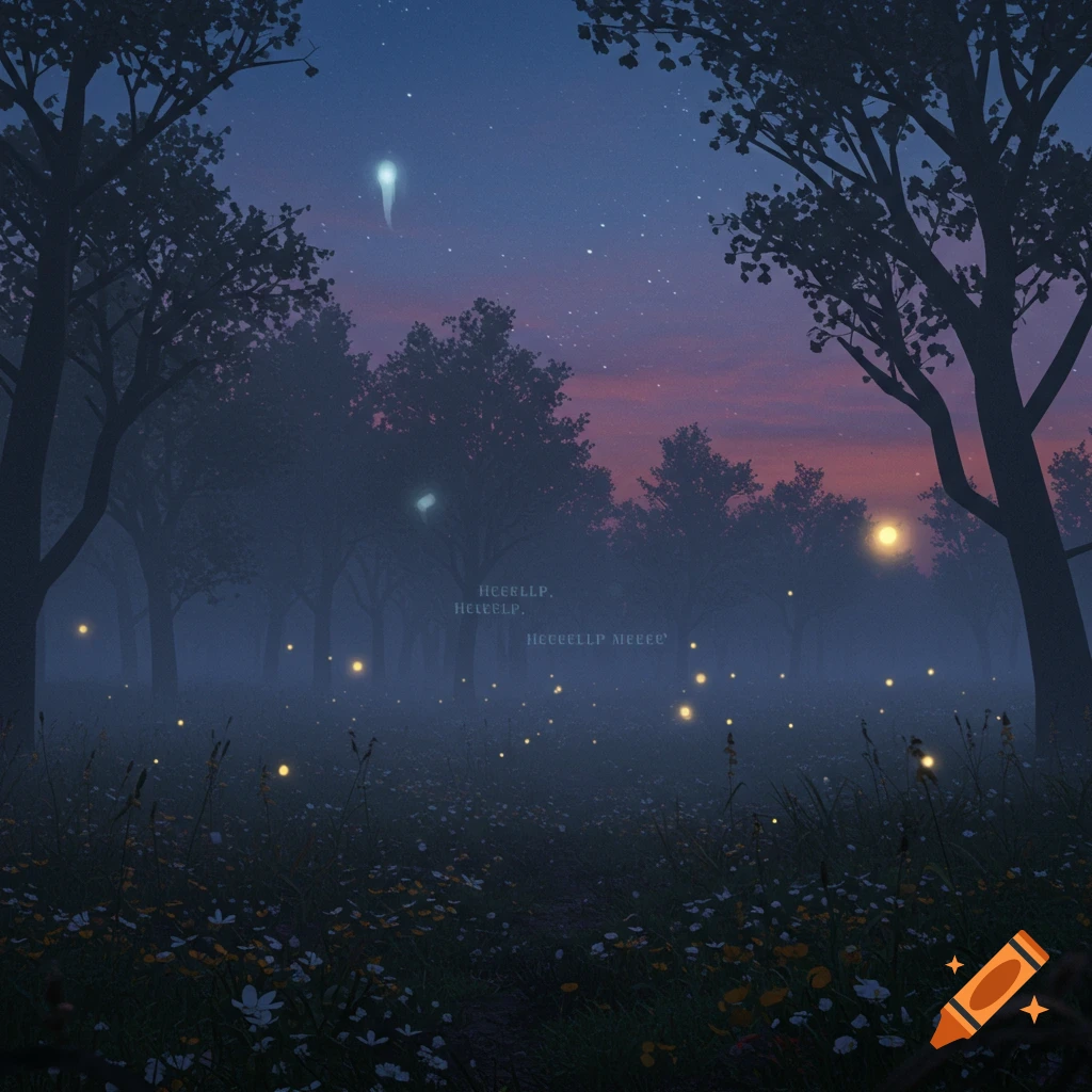 A misty forest at dusk with silhouetted trees, glowing fireflies, and ethereal light figures floating in the dark sky.