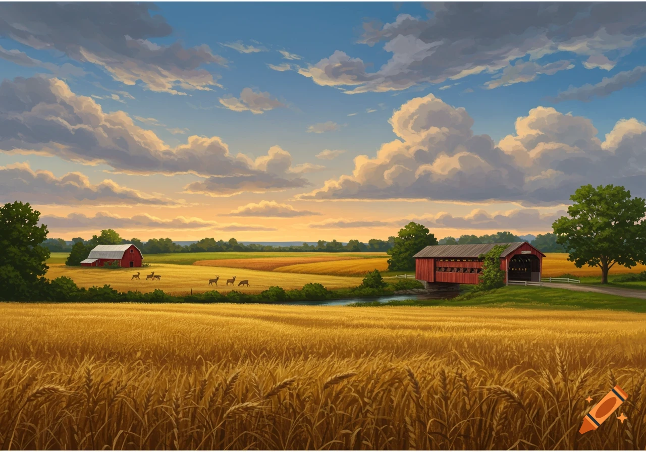 Digital painting of a peaceful rural landscape at sunset with golden wheat fields, red barns, a covered bridge, and deer grazing.