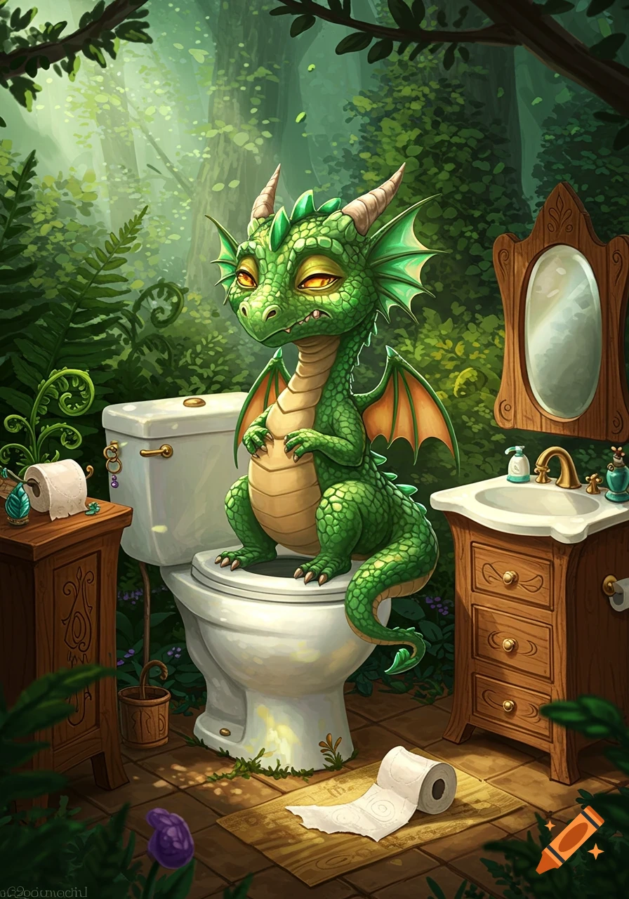 A cute green cartoon dragon with a wincing face sits on a toilet in a vibrant forest scene with a sink and mirror.
