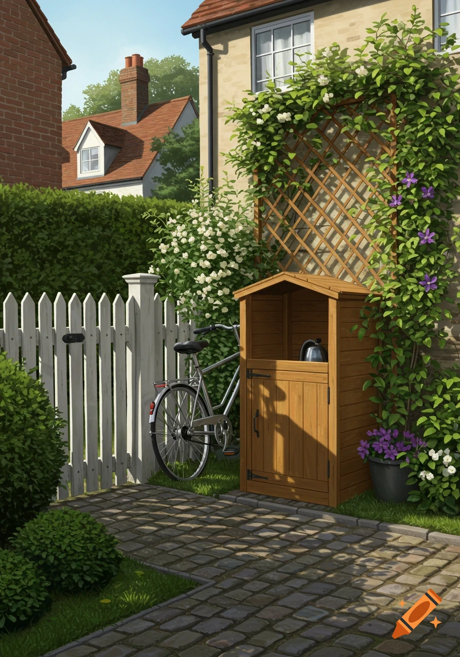 English cottage garden with a white picket fence, a bike, and a wooden storage cubby covered in climbing plants. Illustrated.