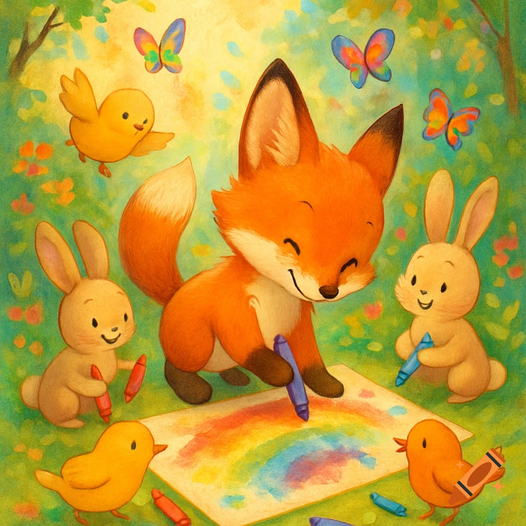 A cute cartoon fox, two bunnies, and two chicks color a rainbow with crayons in a sunny forest setting.