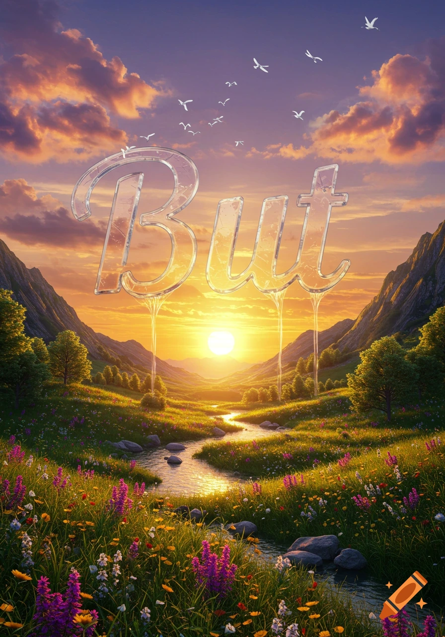 A vibrant valley at sunset with a river, wildflowers, mountains, and the word 'But' in shimmering glass.
