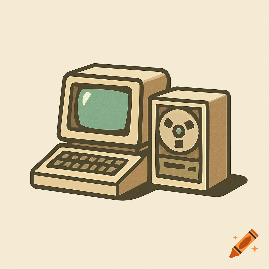 A retro-style illustration of an old desktop computer with a monitor and a separate tape drive unit.