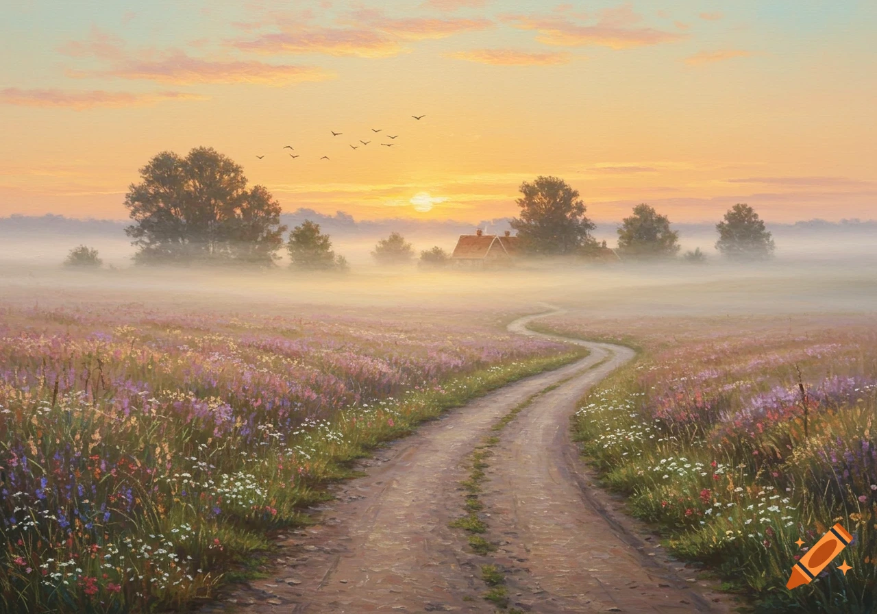 Painterly landscape of a winding dirt path through a vibrant field of wildflowers and mist at sunrise, leading to a distant house.