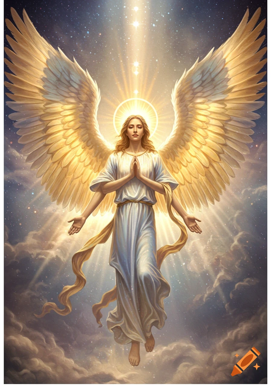 A radiant angel with large golden wings, glowing halo, and white robes floats among starry clouds, hands clasped in prayer.