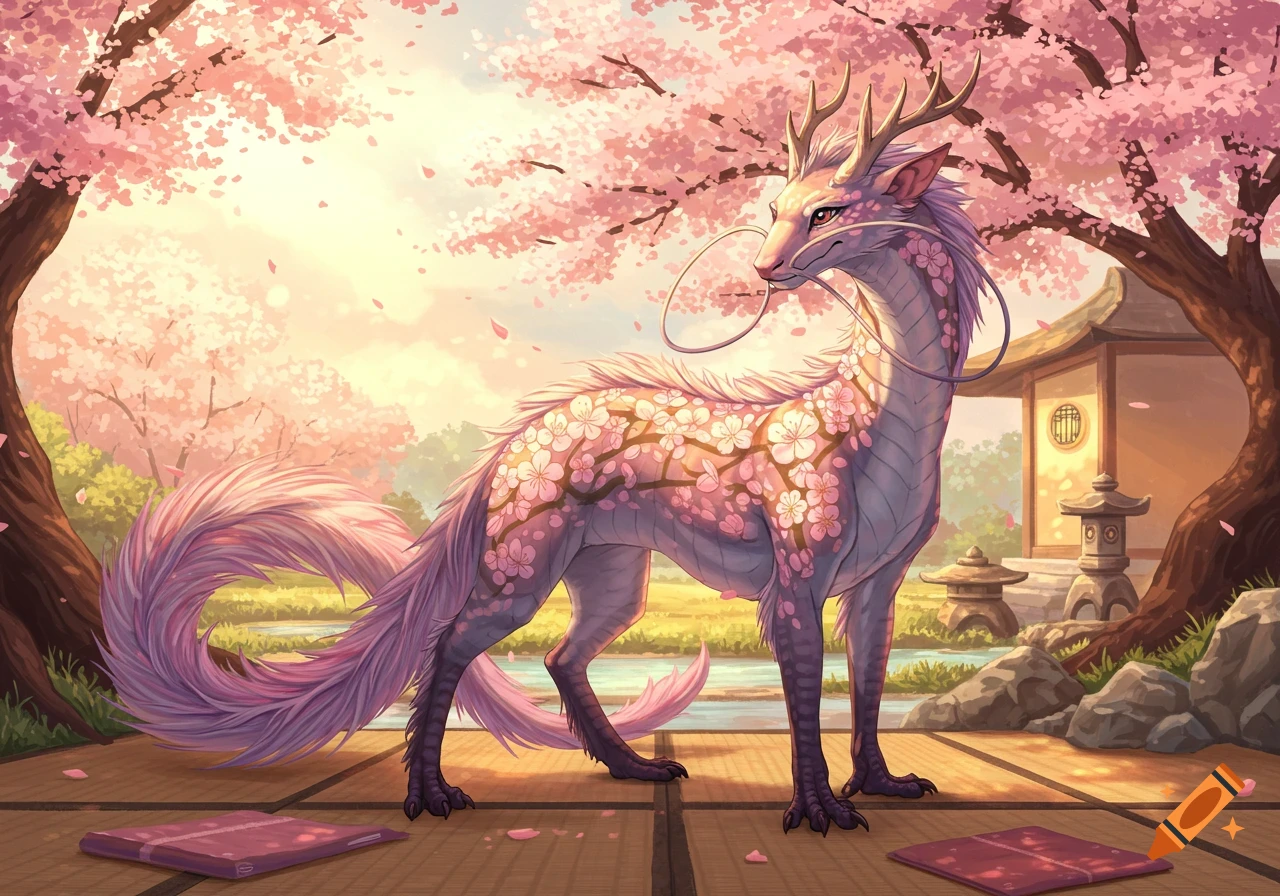A lavender mythical creature with antlers and cherry blossom patterns stands on a wooden deck under pink cherry trees by a Japanese house.