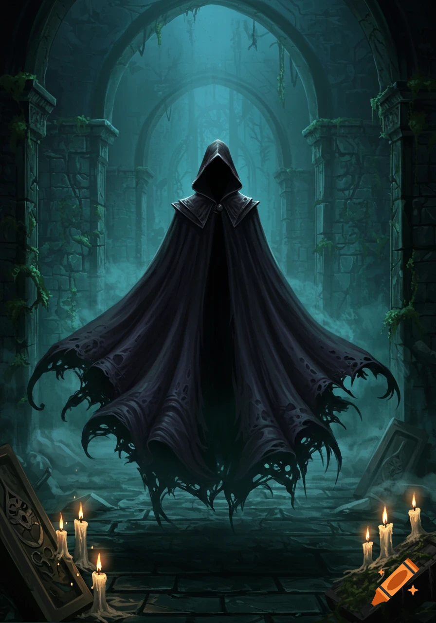A mysterious hooded figure in a flowing, ragged black cloak stands in a dark, overgrown gothic labyrinth, lit by candles.