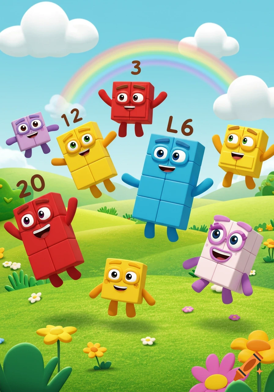 Colorful Numberblocks characters float and jump in a green field under a rainbow sky with clouds.