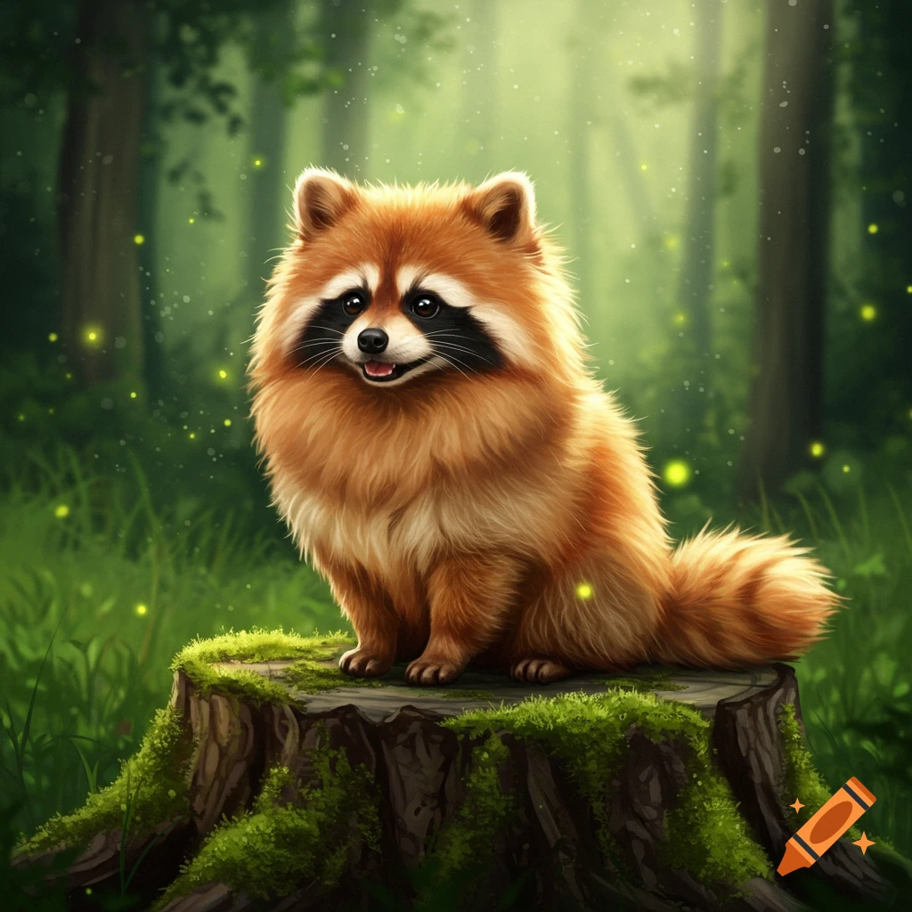 A fluffy, orange-brown Pomeranian-raccoon hybrid sits on a mossy tree stump in a lush, magical forest with glowing lights.