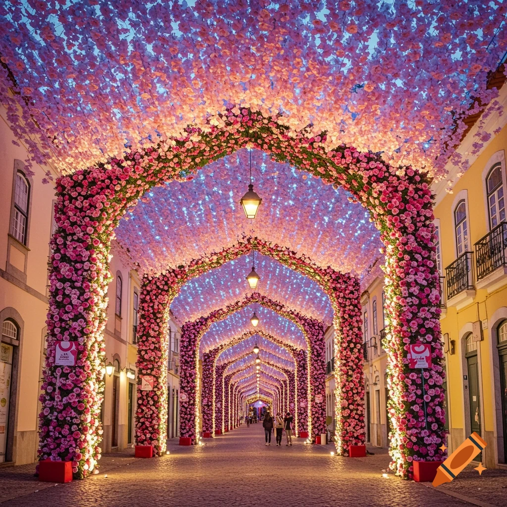 A street decorated with arches covered in vibrant pink flowers and lit with glowing lanterns and string lights, extending into the distance under a blue sky.