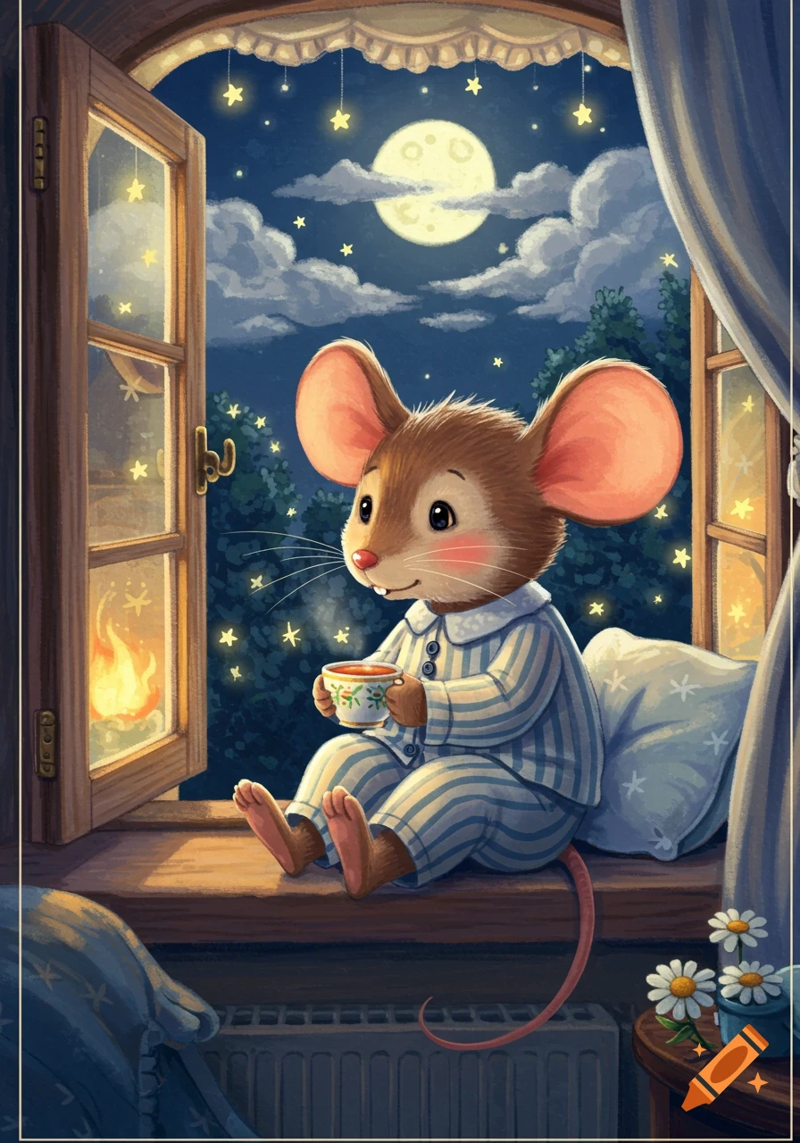 A cute cartoon mouse in striped pajamas sits on a windowsill at night, sipping from a cup and looking at the full moon and stars.