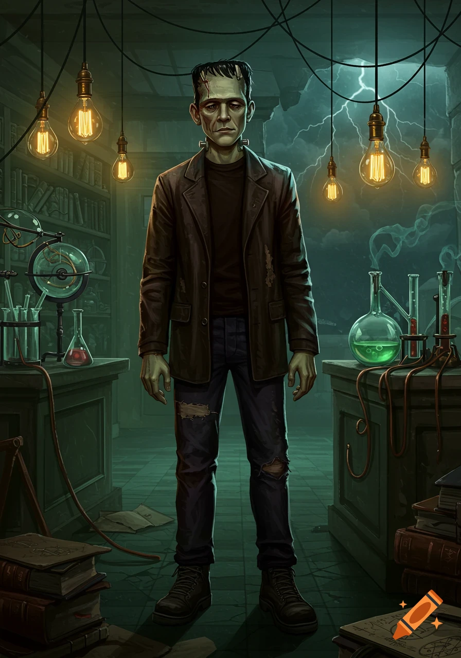 An illustrated Frankenstein's monster stands in a dark, electric-lit laboratory filled with scientific equipment and books.