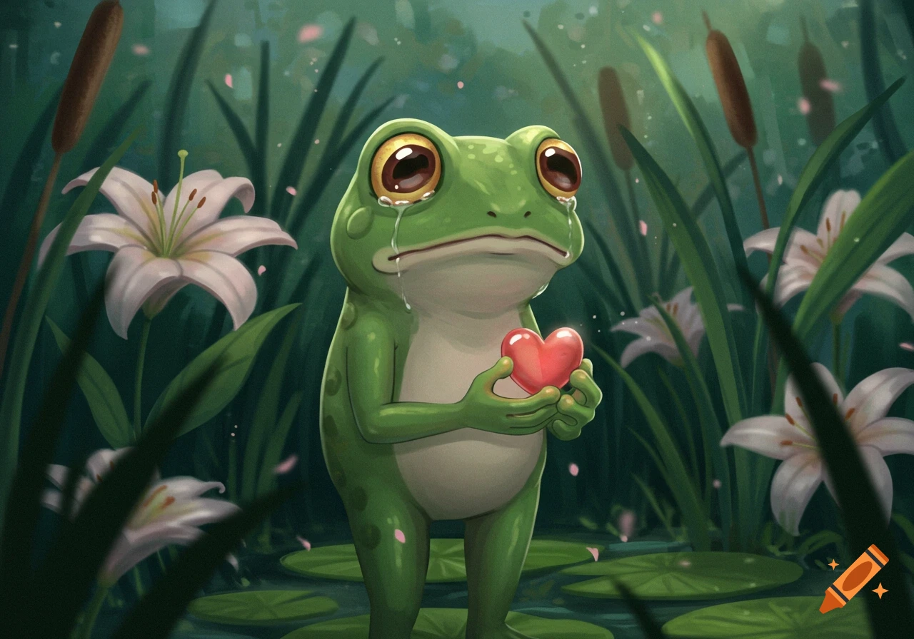 A sad anime-style green frog crying and holding a red heart, surrounded by lily pads, white water lilies, and cattails in a pond.