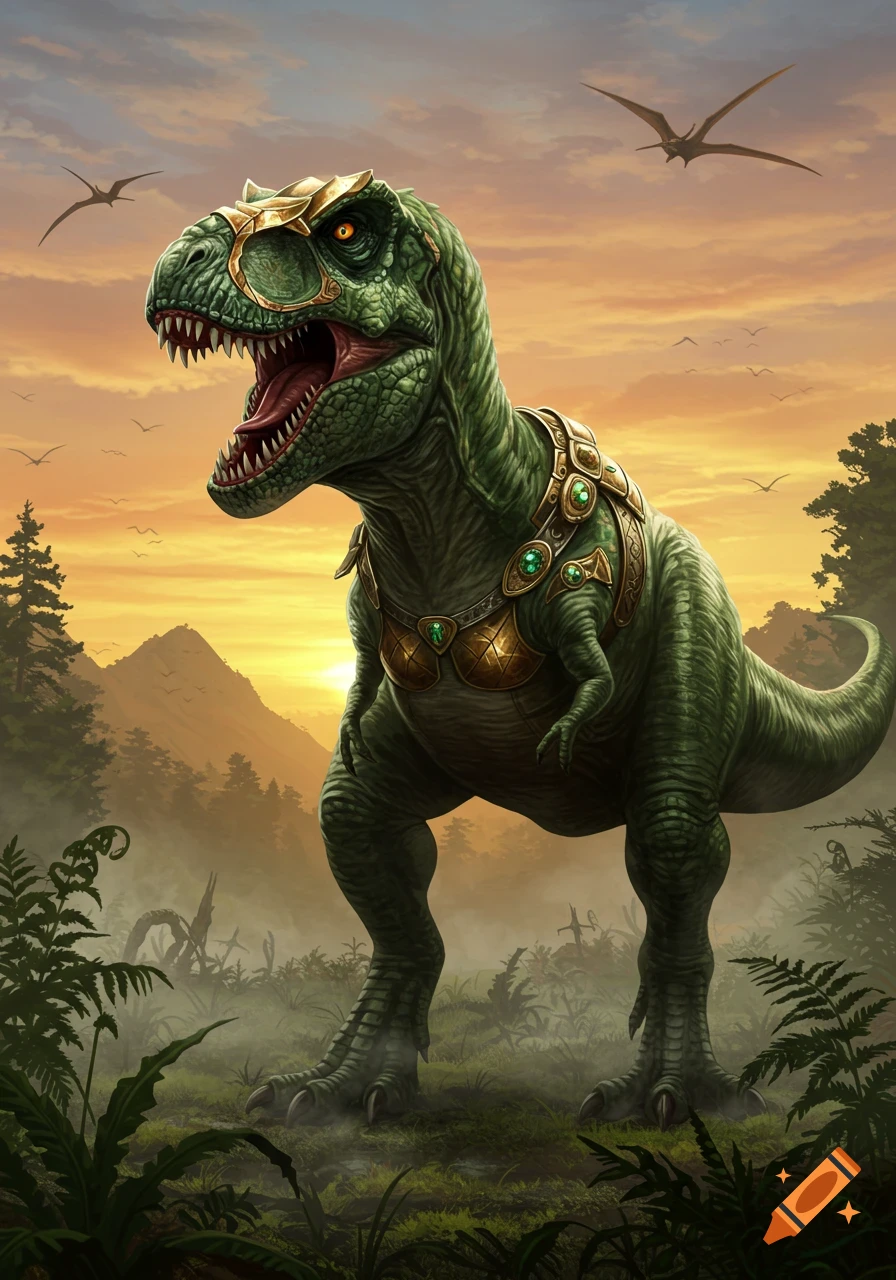 A green T-Rex warrior, adorned in golden armor with emeralds, roars in a lush prehistoric jungle at sunset.