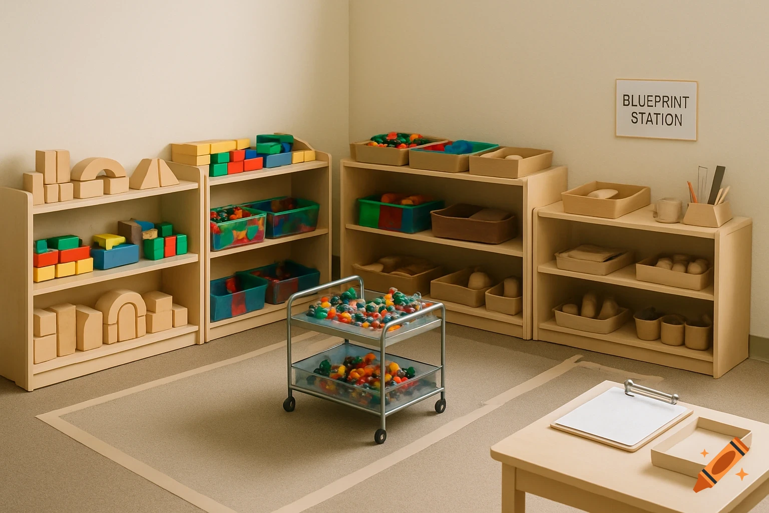 An ECE classroom with wooden shelves of blocks and toys, a rolling cart with colorful manipulatives, and a 'Blueprint Station' sign.