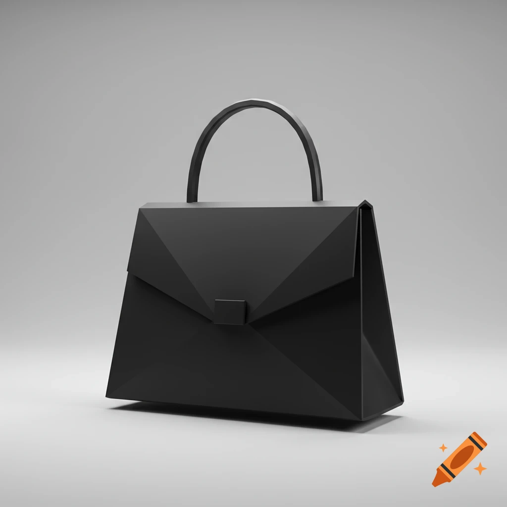 A minimalist, low-poly black handbag with angular facets and a top handle, set against a light gray background.
