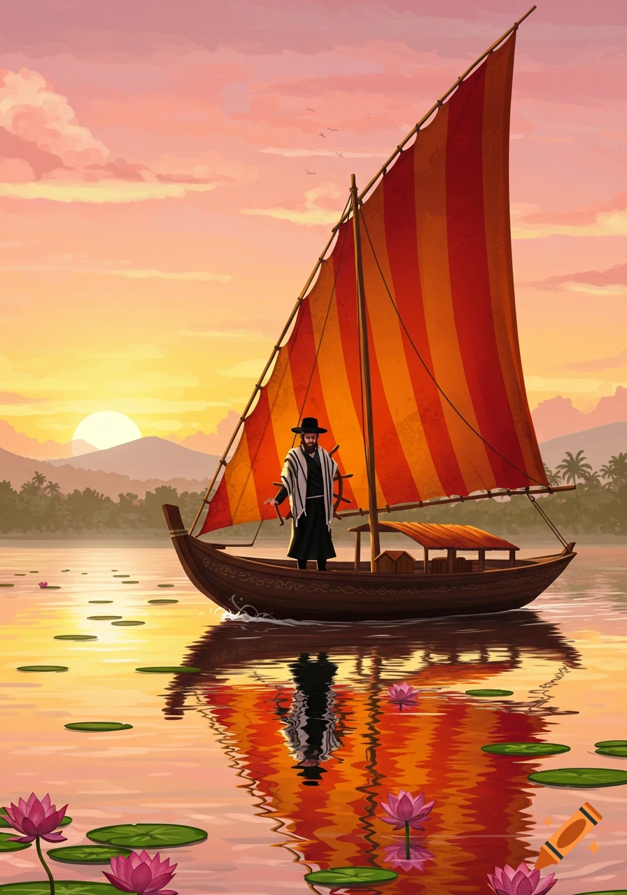 An illustration of a man in a black hat and striped shawl sailing a boat with a red and orange striped sail on a lake with water lilies, set against a sunset sky with mountains and palm trees in the background.