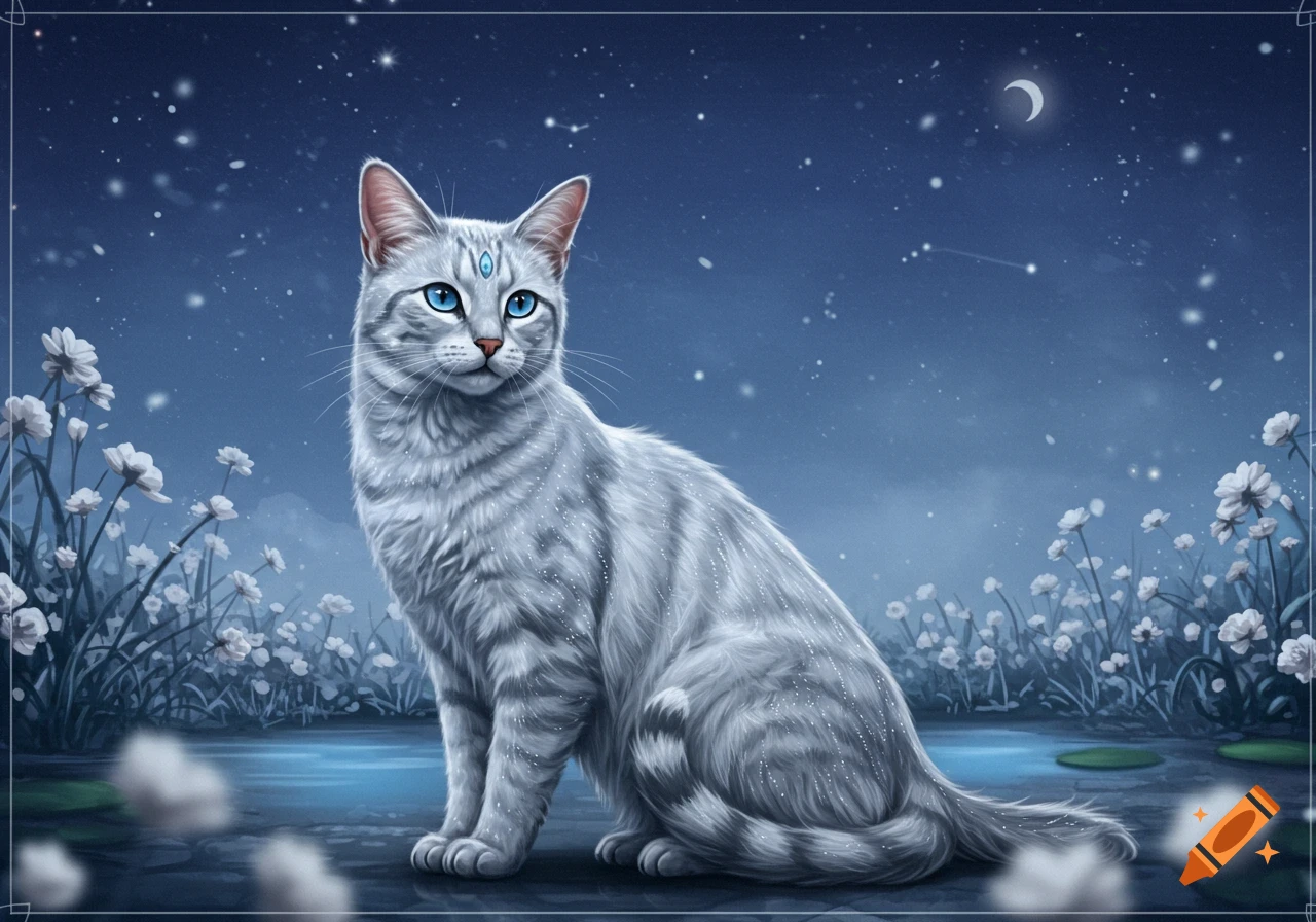 A silver tabby cat with striking blue eyes and a blue symbol on its forehead sits among white flowers under a starry night sky.