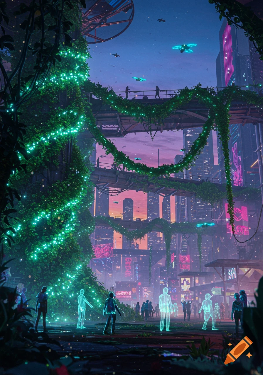 A vibrant, overgrown futuristic cityscape at dusk, featuring glowing neon signs, green vines with lights, and translucent holographic figures.