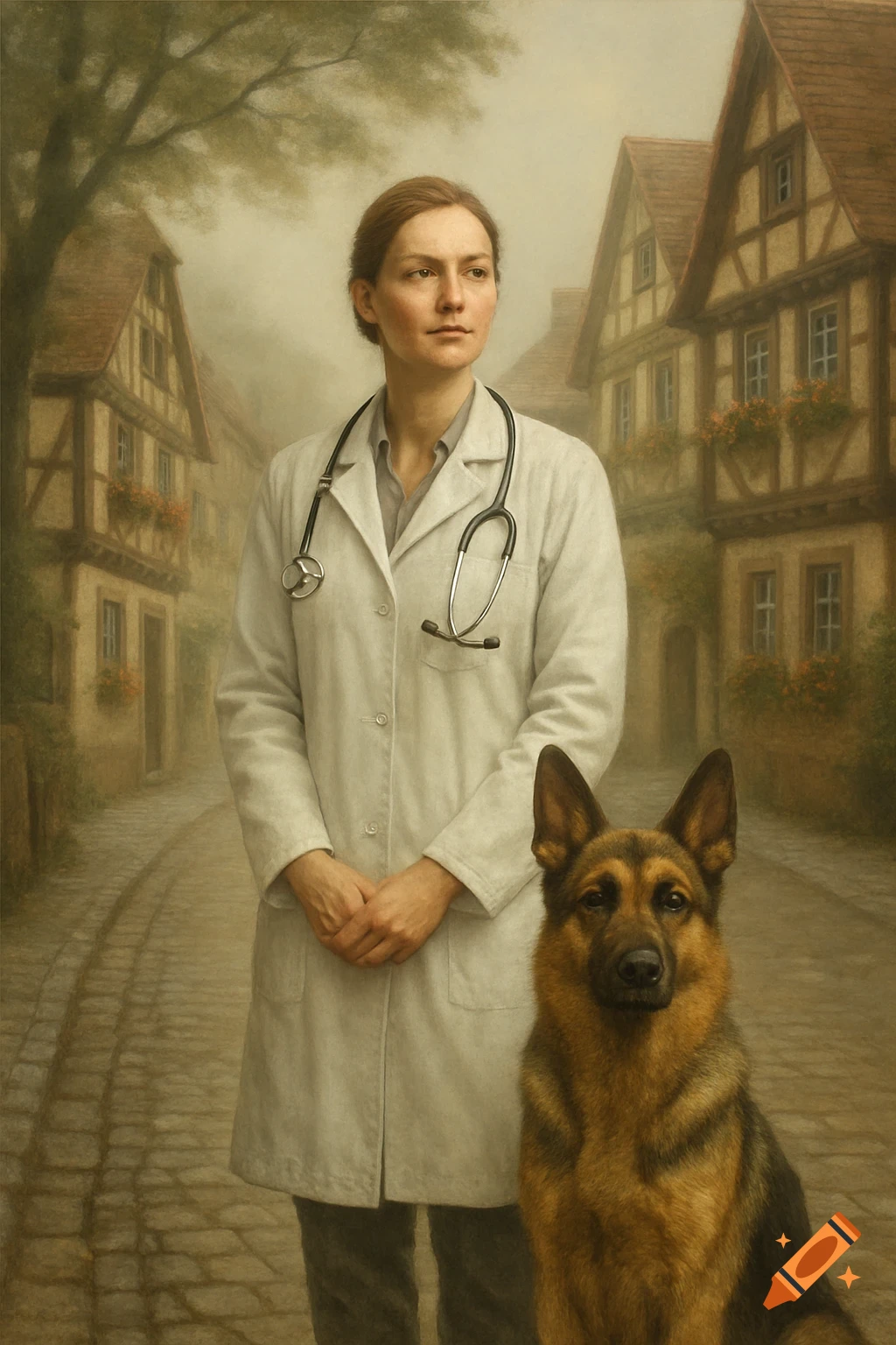 Painting of a woman in a lab coat with a stethoscope standing next to a German Shepherd on a cobblestone street in a historic European village.
