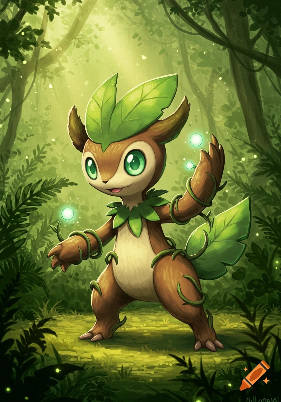 A cute brown and green leaf-covered fantasy creature with big green eyes stands in a lush, glowing forest.