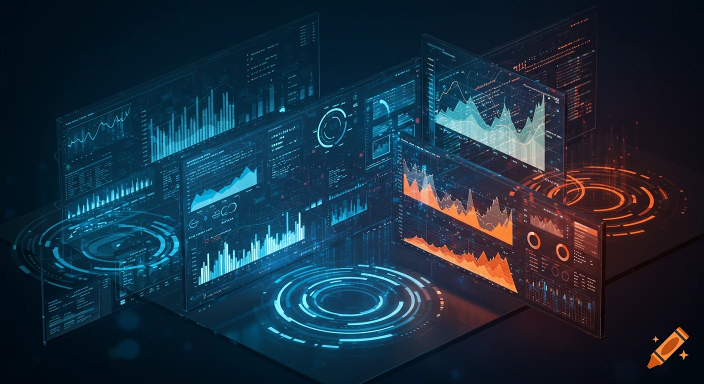Abstract digital illustration of multiple holographic screens displaying various charts, graphs, and business analytics in blue and orange hues.