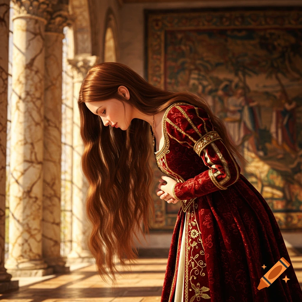 A lifelike Renaissance maiden with long brown hair gracefully bows in a grand hall with marble columns and a tapestry.