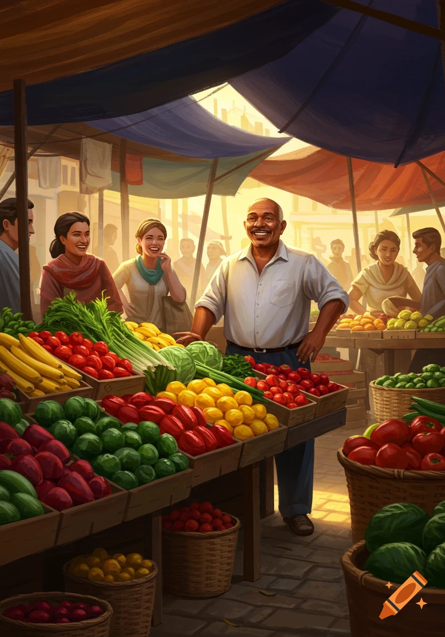 A smiling merchant stands in a vibrant market stall filled with colorful fruits and vegetables as customers chat in the background, illustrated.