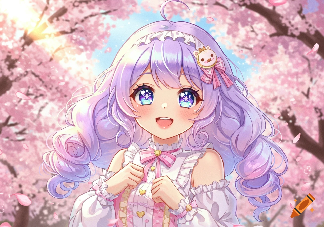 A cute anime girl with long pastel purple hair and sparkling blue eyes, wearing a white and pink ruffled dress, standing among pink cherry blossoms.